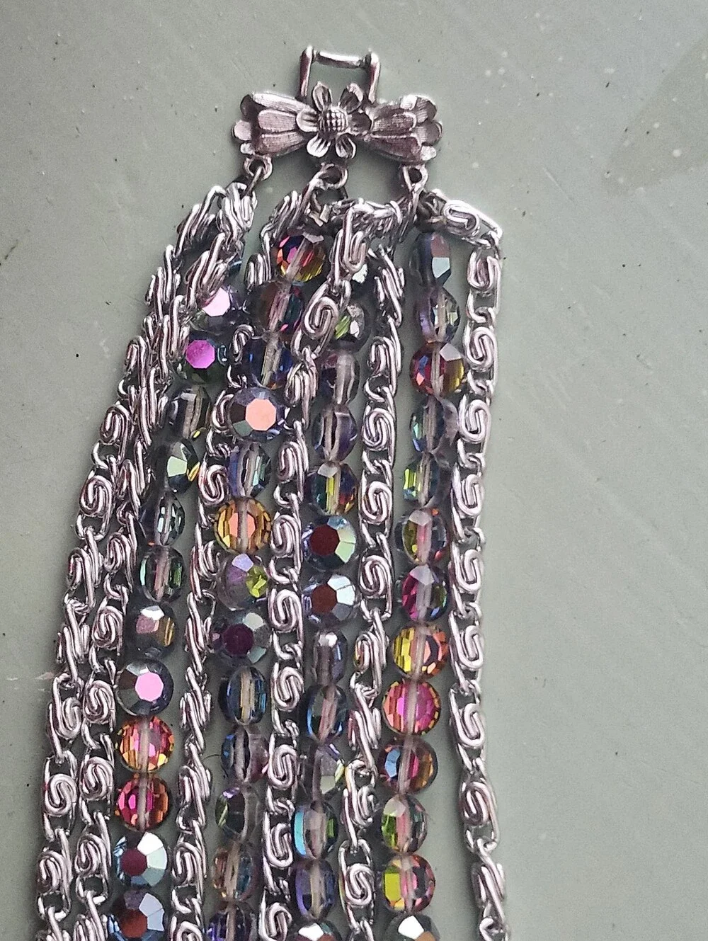 Stylish Multi-Row Iridescent Bead and Silver-Tone Bracelet